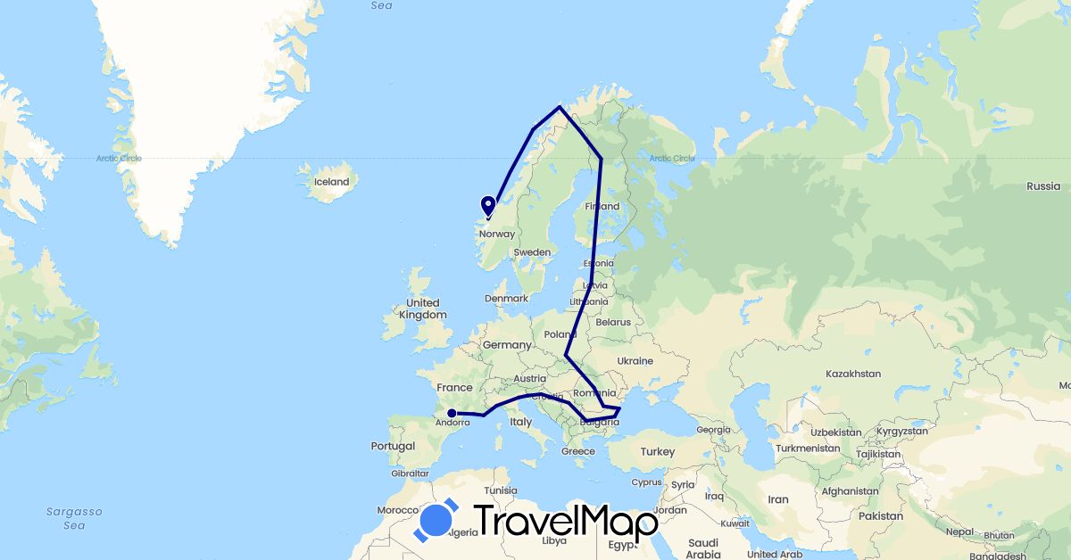 TravelMap itinerary: driving in Bulgaria, Finland, France, Croatia, Italy, Latvia, Norway, Poland, Romania, Serbia (Europe)